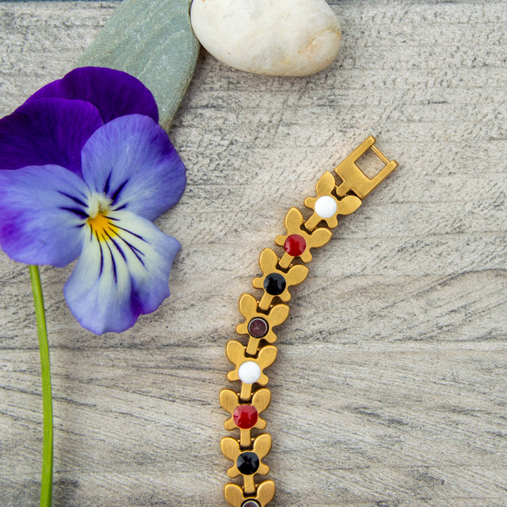 Back view of Buddleia Summer Magnetic Bracelet showing the 4 health elements: Negative ions, Far Infrared, Germanium and Magnets.