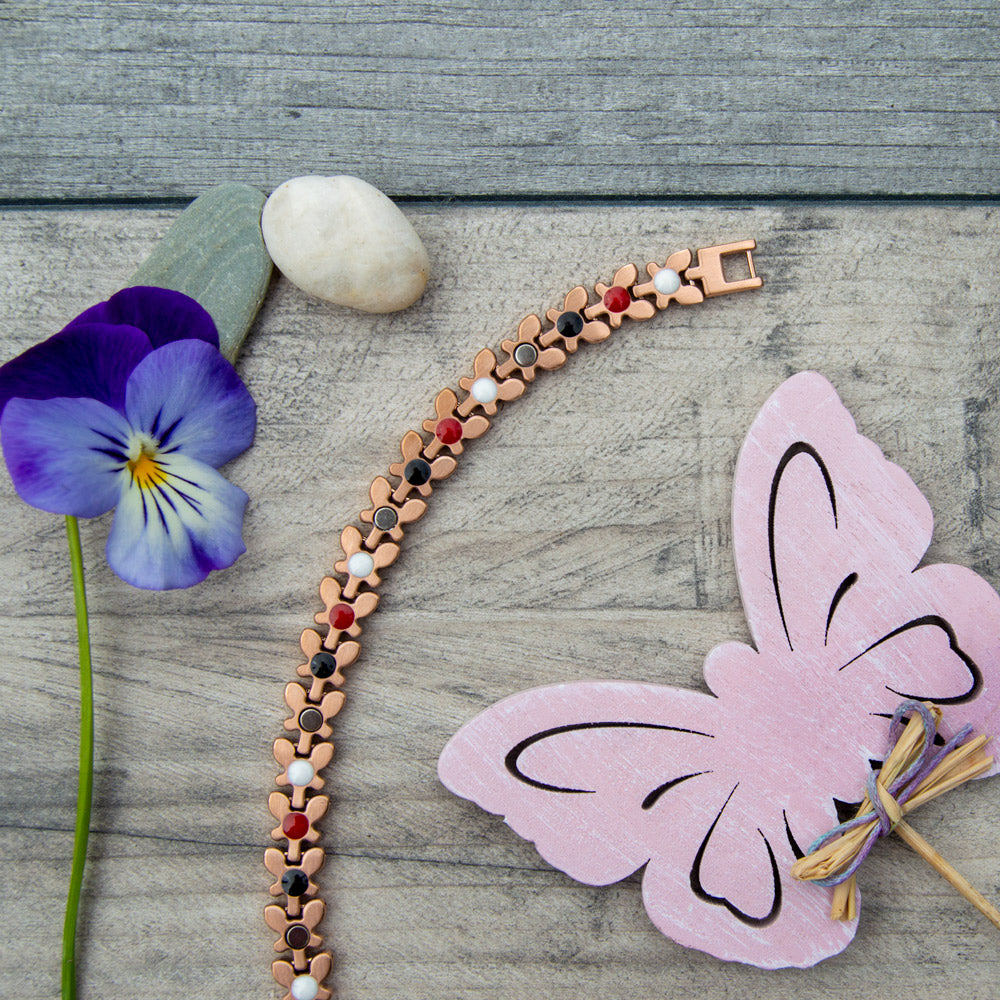 Back view of Buddleia Dawn Magnetic Bracelet showing the 4 health elements: Negative ions, Far Infrared, Germanium and Magnets.