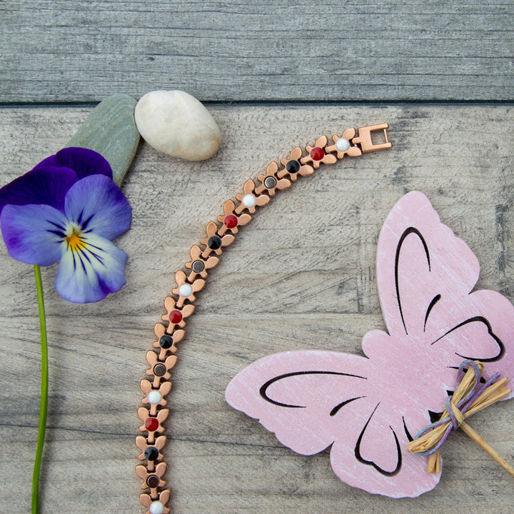 Back view of Buddleia Dawn Magnetic Bracelet showing the 4 health elements: Negative ions, Far Infrared, Germanium and Magnets.