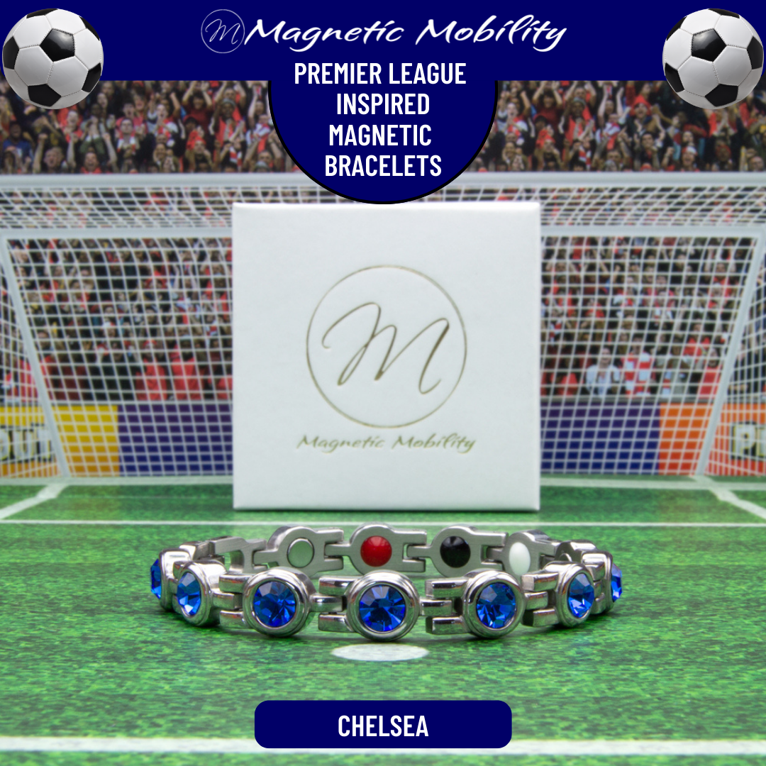 Chelsea Fan Jewellery - Magnetic Bracelet in Chelsea Premier League Team colours. For people with Migraine, Sports Injuries, Menopause symptoms, Back pain, arthritis etc.