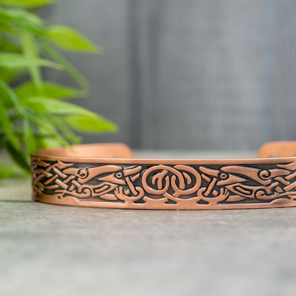 Irish design copper bracelet front view showing the intricate Irish or Celtic designs on the front of the bracelet