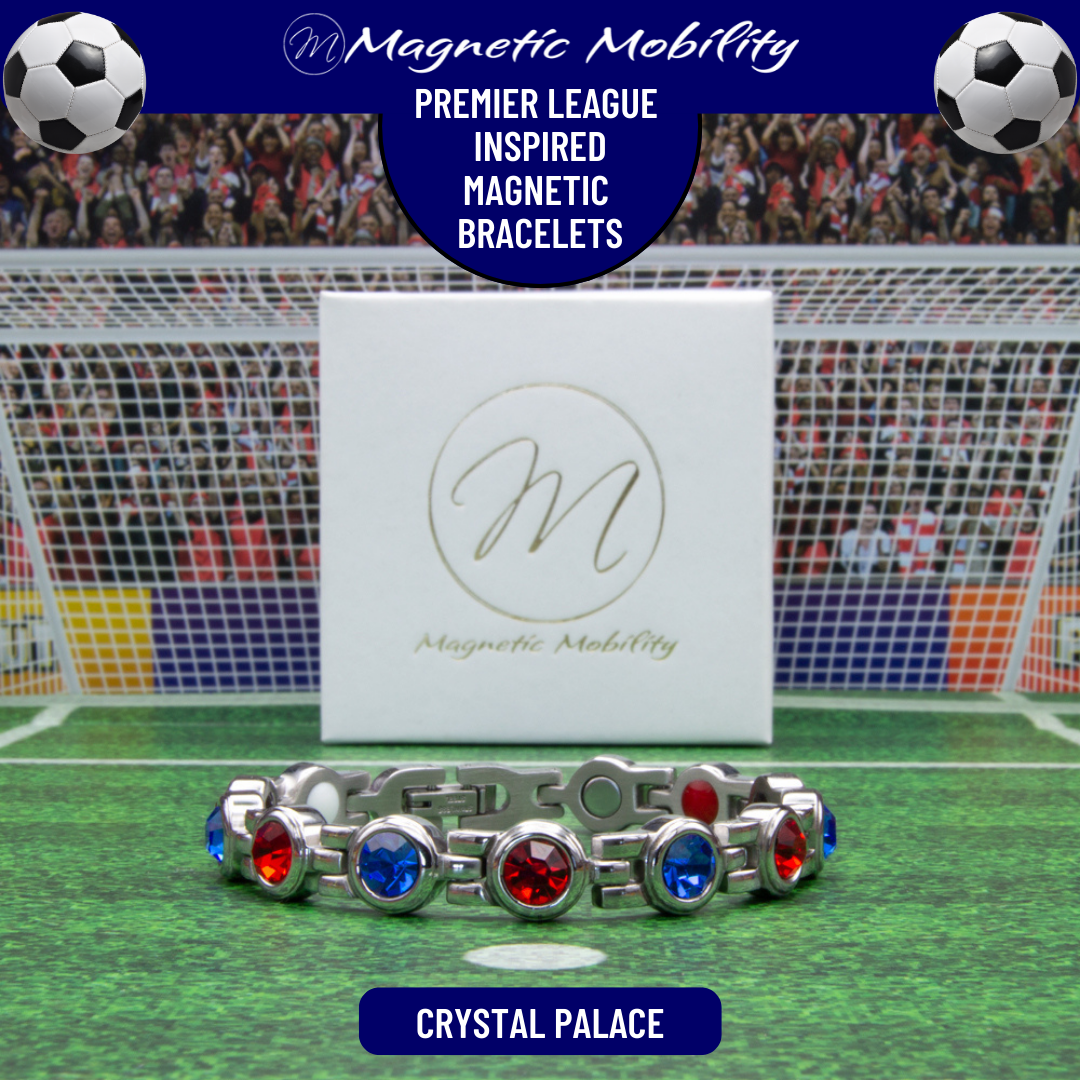 Crystal Palace Fan Jewellery - Magnetic Bracelet in Crystal Palace Premier League Team colours. For people with Migraine, Sports Injuries, Menopause symptoms, Back pain, arthritis etc.
