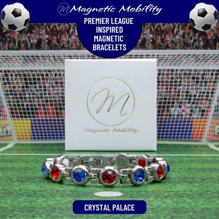 Crystal Palace Fan Jewellery - Magnetic Bracelet in Crystal Palace Premier League Team colours. For people with Migraine, Sports Injuries, Menopause symptoms, Back pain, arthritis etc.