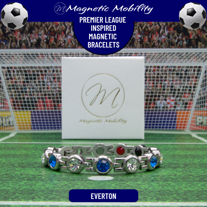 Everton Fan Jewellery - Magnetic Bracelet in Everton Premier League Team colours. For people with Migraine, Sports Injuries, Menopause symptoms, Back pain, arthritis etc.