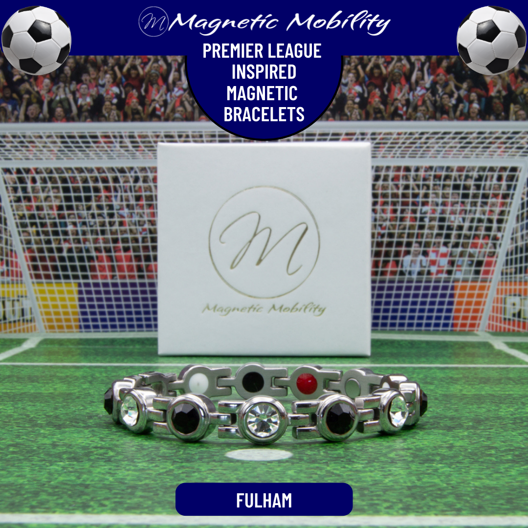 Fulham Fan Jewellery - Magnetic Bracelet in Fulaham Premier League Team colours. For people with Migraine, Sports Injuries, Menopause symptoms, Back pain, arthritis etc.