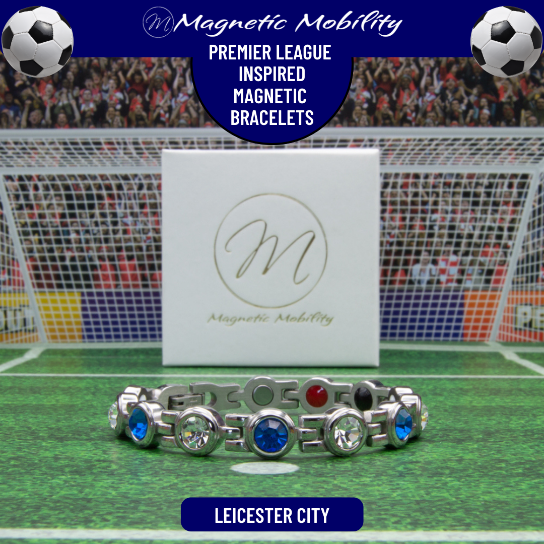 Leicester City Fan Jewellery - Magnetic Bracelet in Leicester Premier League Team colours. For people with Migraine, Sports Injuries, Menopause symptoms, Back pain, arthritis etc.