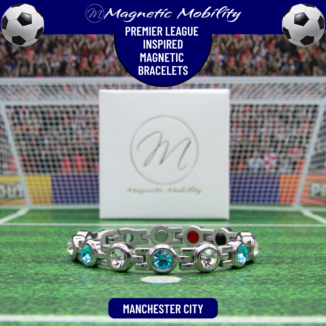 Manchester City Fan Jewellery - Magnetic Bracelet in Man City Premier League Team colours. For people with Migraine, Sports Injuries, Menopause symptoms, Back pain, arthritis etc.