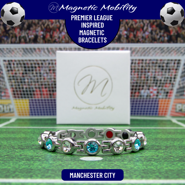 Manchester City Fan Jewellery - Magnetic Bracelet in Man City Premier League Team colours. For people with Migraine, Sports Injuries, Menopause symptoms, Back pain, arthritis etc.