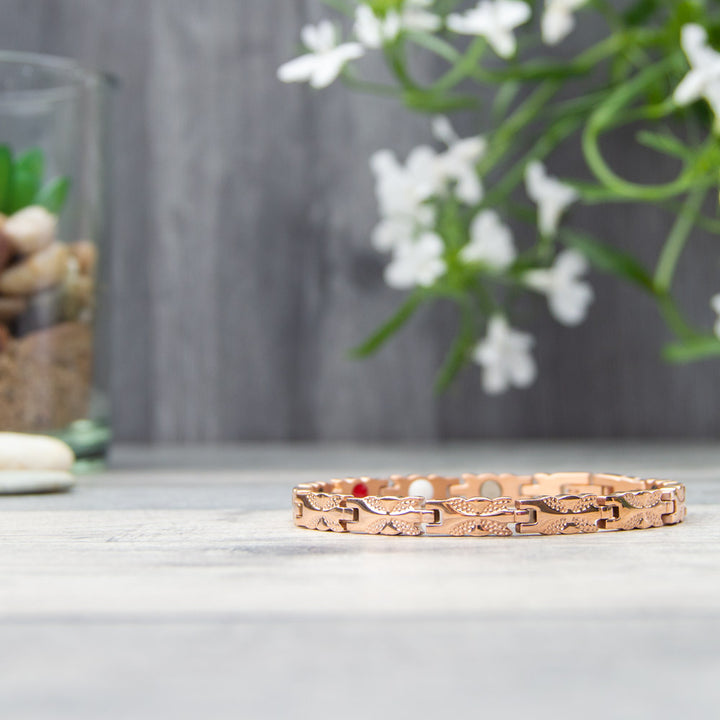 Elegant Rose Gold Magnetic Bracelet with butterfly like pattern. Pain relief from Arthritis, migraine, back pain, myalgia.