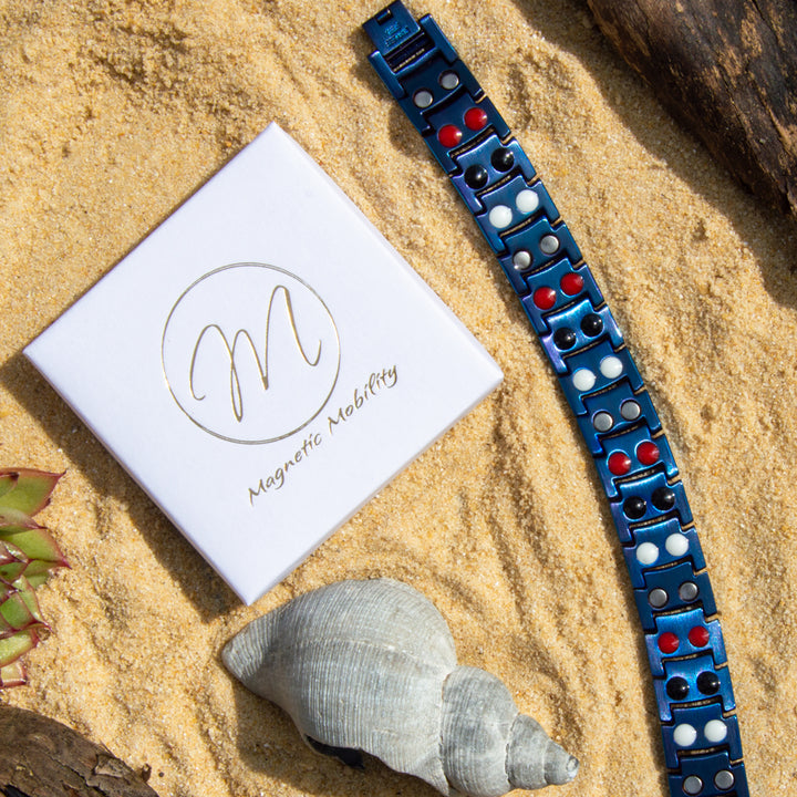 Back view Mens Metallic Blue - Double row 4in1 Magnetic Bracelet - contains a double row of Health Elements.