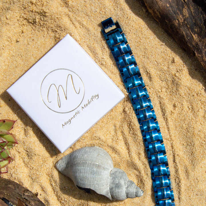 Mens Metallic Blue - Double row 4in1 Magnetic Bracelet - contains a double row of Health Elements.  top view