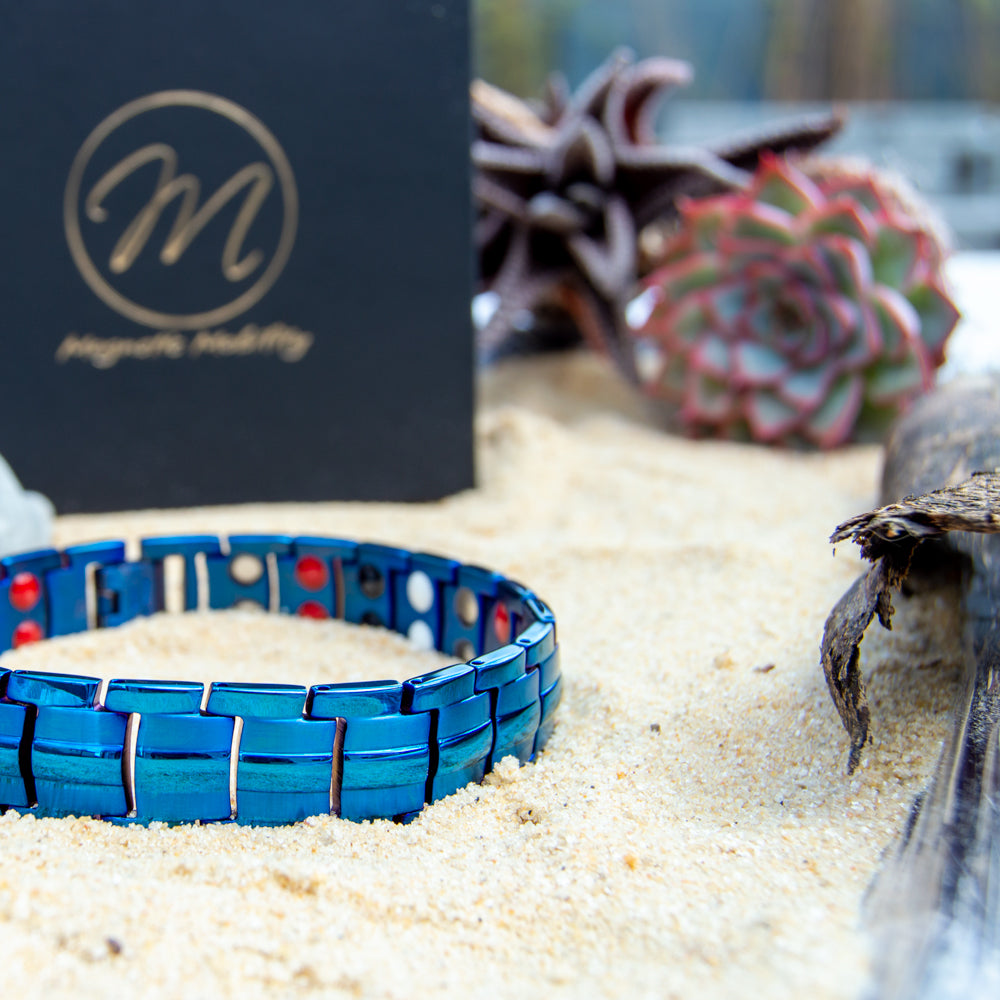 Mens Metallic Blue - Double row 4in1 Magnetic Bracelet - contains a double row of Health Elements.