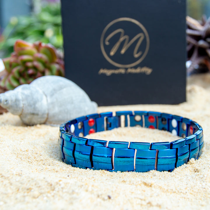 Mens Metallic Blue - Double row 4in1 Magnetic Bracelet - contains a double row of Health Elements.