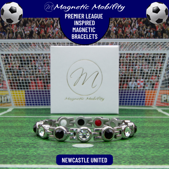 Newcastle United Fan Jewellery - Magnetic Bracelet in Newcastle Premier League Team colours. For people with Migraine, Sports Injuries, Menopause symptoms, Back pain, arthritis etc.