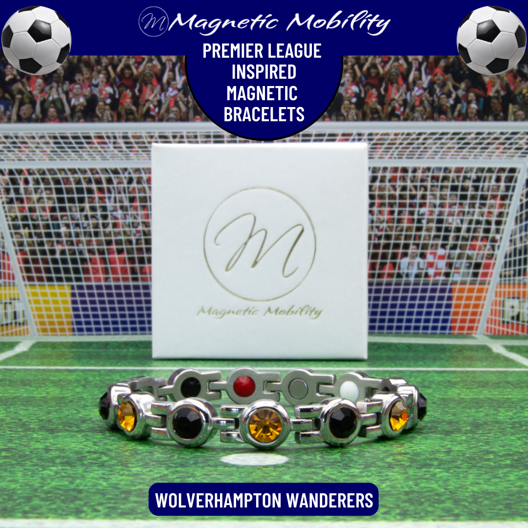 Wolverhampton Wanderes Fan Jewellery - Magnetic Bracelet in Woves Premier League Team colours. For people with Migraine, Sports Injuries, Menopause symptoms, Back pain, arthritis etc.