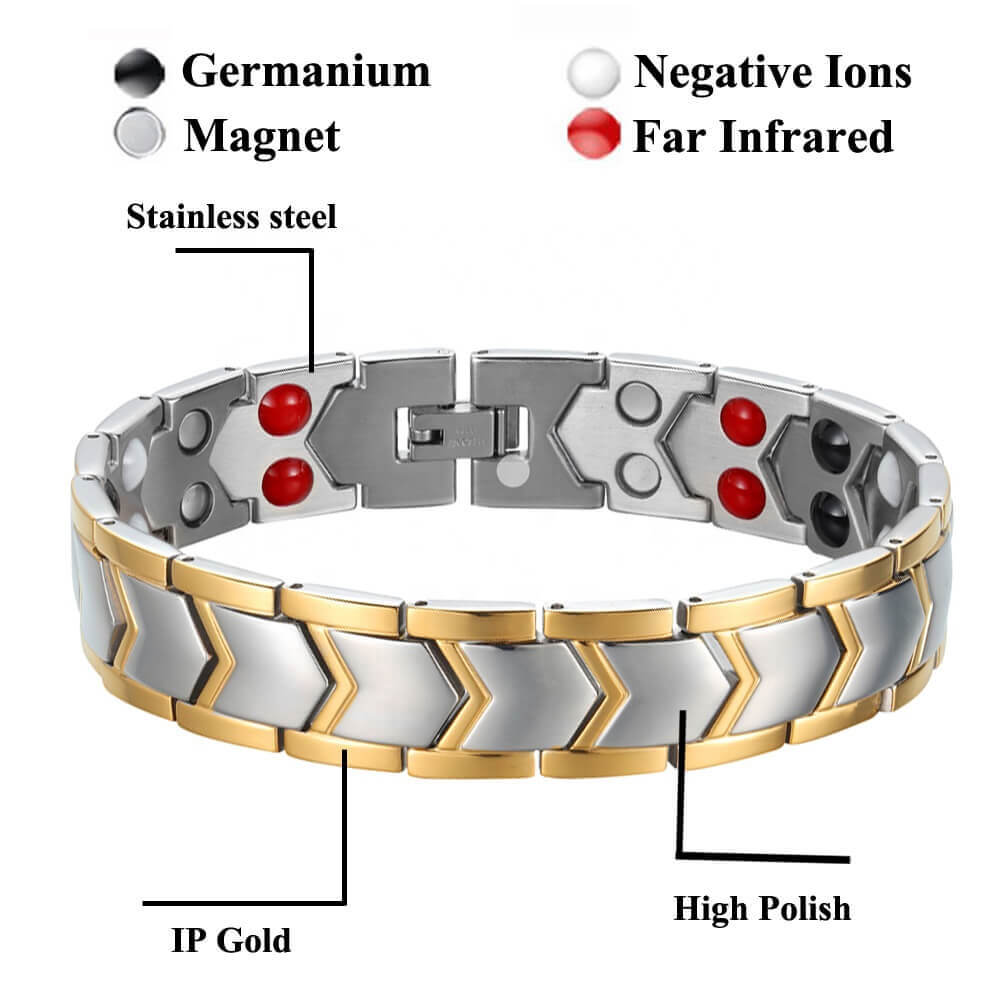 Mens Magnetic Bracelet front view. Chevron gold and silver design. Contains a Double row of * Neodymium Magnets * Germanimum * Far Infrared Rays * Negative Ions. Support Irish. Srong and durable.