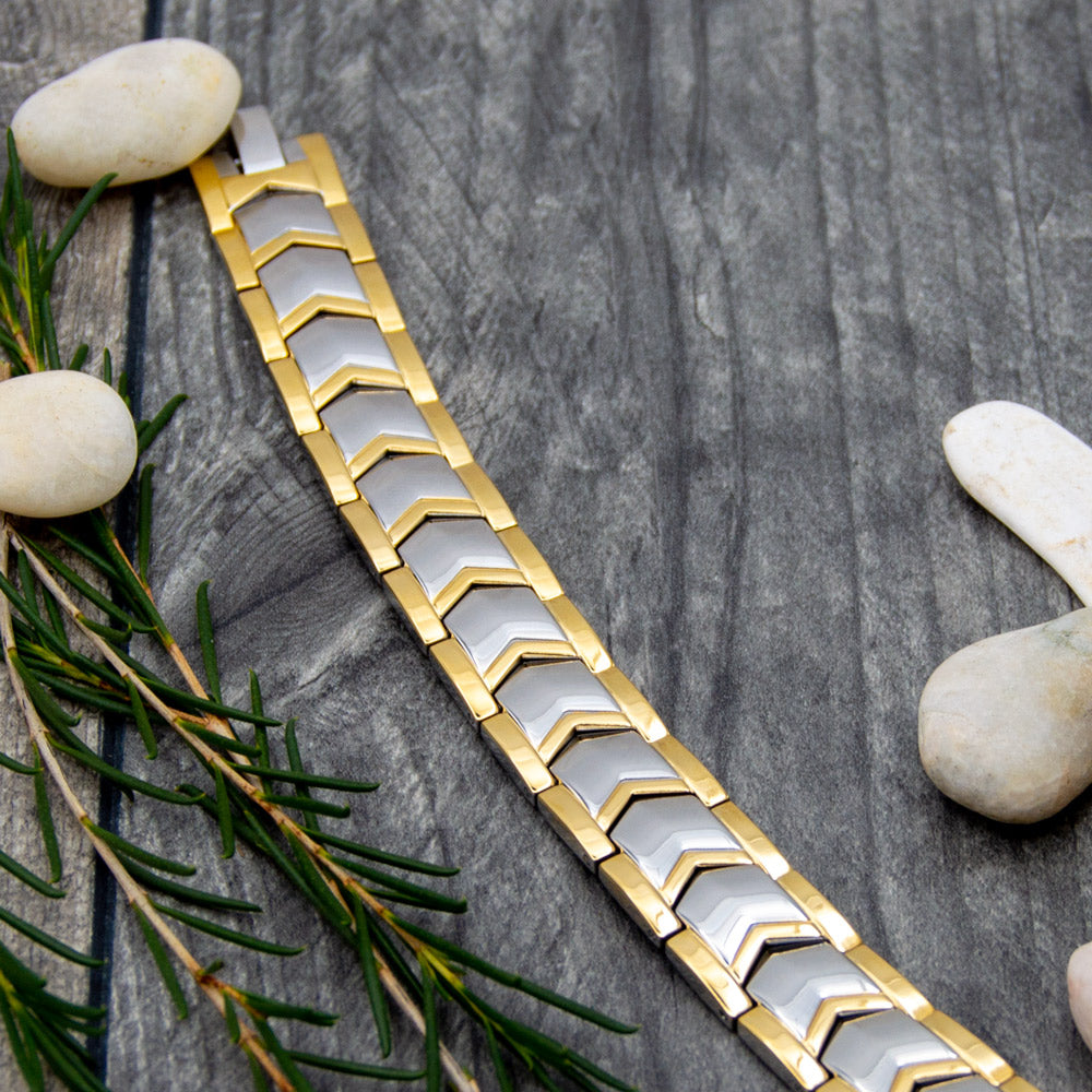 Mens Magnetic Bracelet front view. Chevron gold and silver design. Contains a Double row of * Neodymium Magnets * Germanimum * Far Infrared Rays * Negative Ions. Support Irish. Srong and durable.