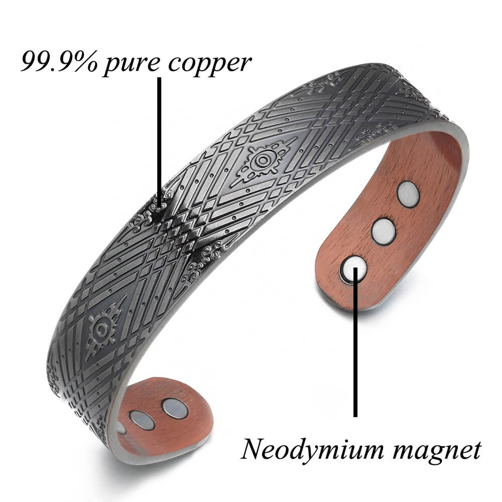 Contemporary Geometric - Mens Silver Magnetic Copper Bracelet. 99.9% pure Copper, 3000 gauss Neodymium Magnets: Relieve Pain, Reduce inflammation, Improve circulation, Improve immune function.