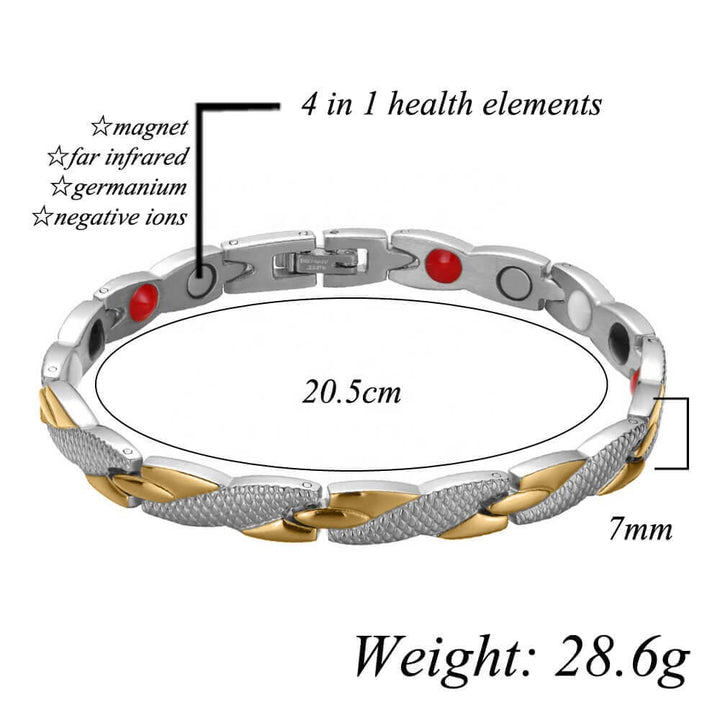 Timeless. Simple. Elegant. Attractively designed gold and silver magnetic bracelet. Helps with Pain relief from: Arthritis, runners knee, sports injuries, Migraine, tennis elbow, myalgia, ideal for Spoonies. Contains 4in1 Health Elements: * Neodymium Magnets * Germanimum * Far Infrared Rays * Negative Ions. Buy Irish