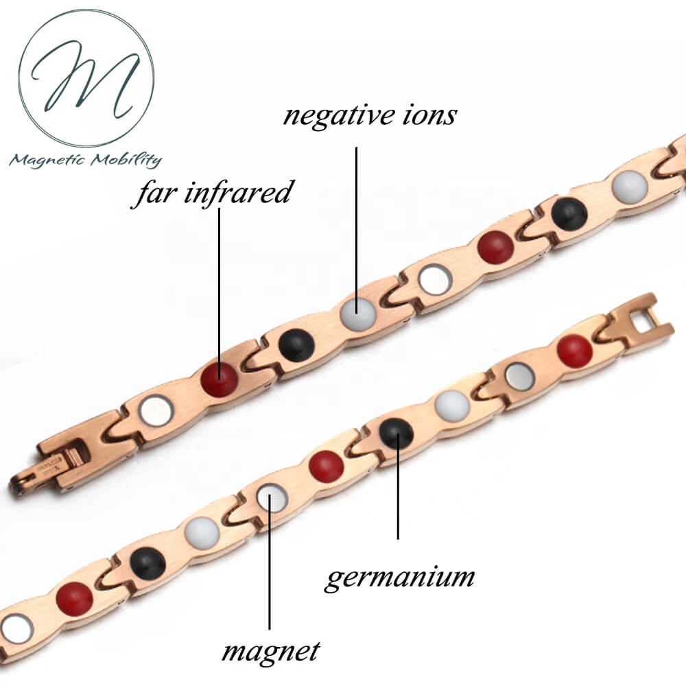 Timeless. Simple. Elegant. Attractively designed rose gold magnetic bracelet. Helps with Pain relief from: Arthritis, runners knee, sports injuries, Migraine, tennis elbow, myalgia, stress relief, ideal for Spoonies. Contains 4in1 Health Elements: * Neodymium Magnets * Germanimum * Far Infrared Rays * Negative Ions.