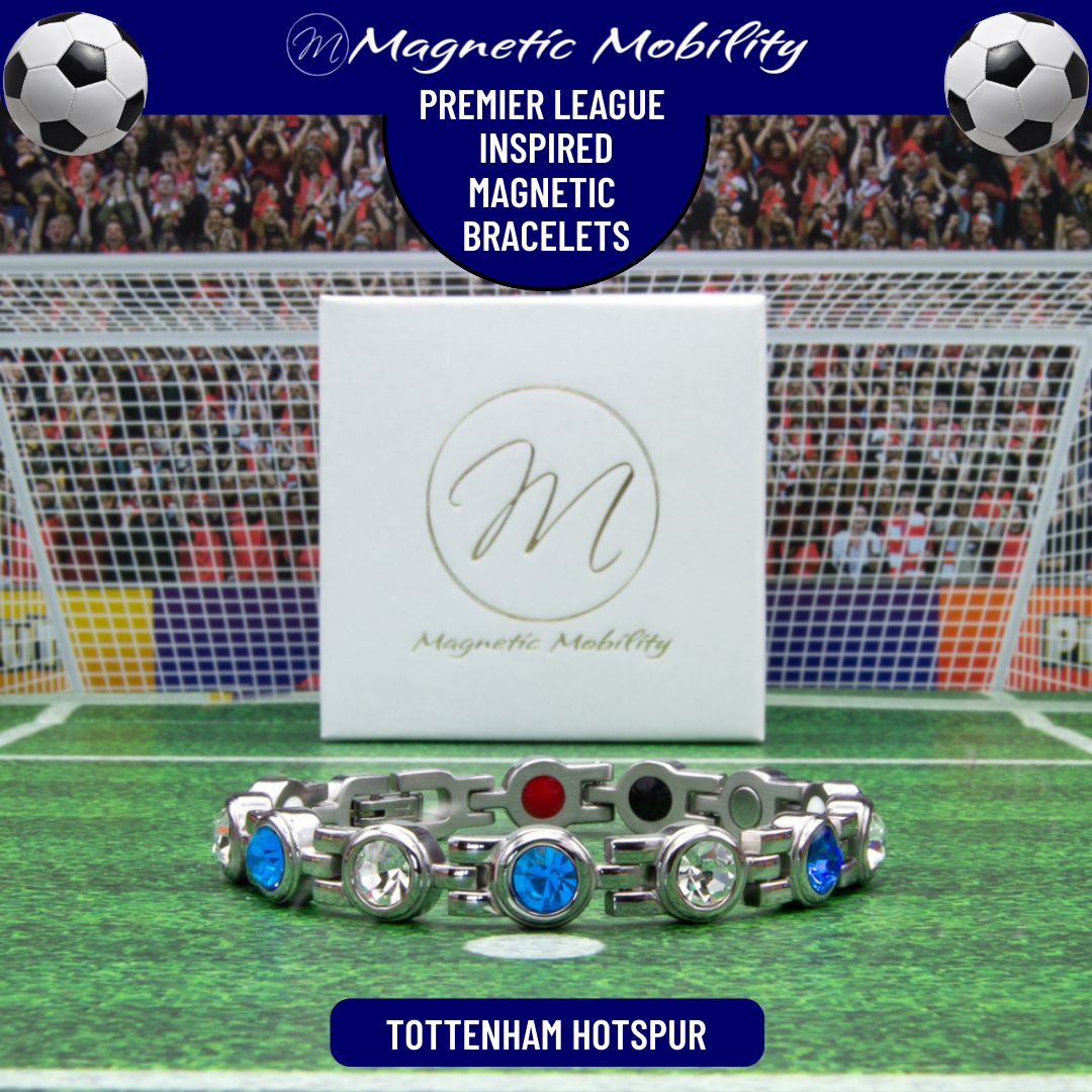 Tottenham Hotspur Fan Jewellery - Magnetic Bracelet in Tottenham Premier League Team colours. For people with Migraine, Sports Injuries, Menopause symptoms, Back pain, arthritis etc.