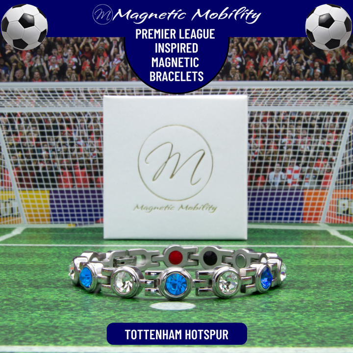 Tottenham Hotspur Fan Jewellery - Magnetic Bracelet in Tottenham Premier League Team colours. For people with Migraine, Sports Injuries, Menopause symptoms, Back pain, arthritis etc.
