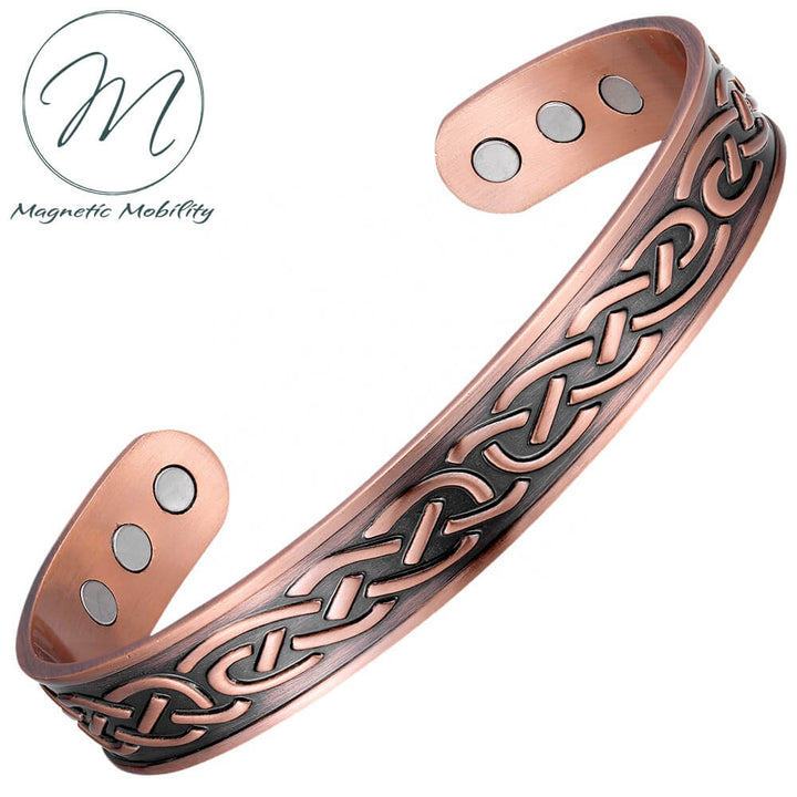 Front view. Celtic design copper bracelet with 6 Neodymium Magnets to help with arthritis pain, back pain ect.