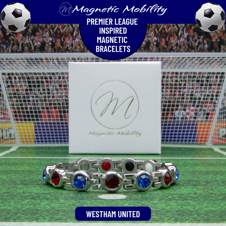Westham Fan Jewellery - Magnetic Bracelet in Westham Premier League Team colours. For people with Migraine, Sports Injuries, Menopause symptoms, Back pain, arthritis etc.