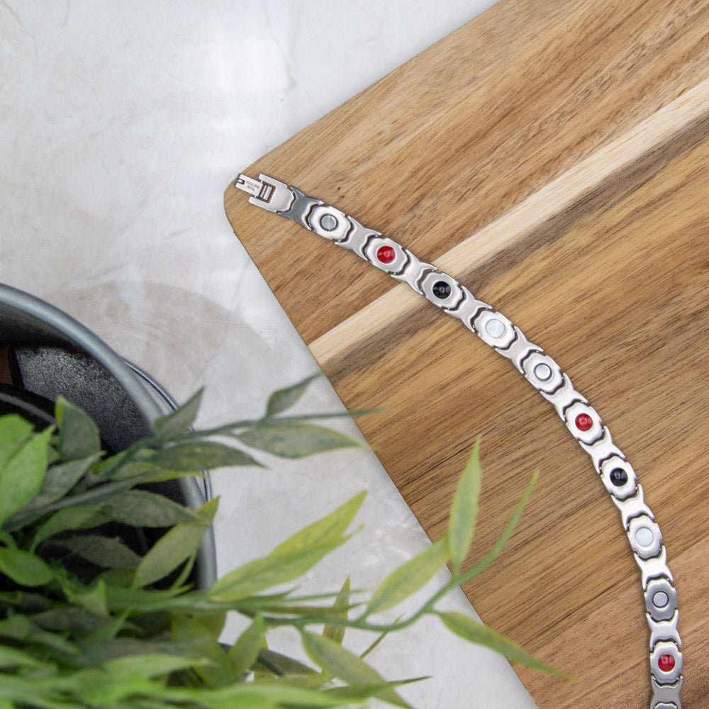 Back view of Willow Moon - Women's Magnetic bracelet with 4 health elements. Image show the 4 health elements - Neodynium magnets, Germanium, FIR eleements and negative ions.