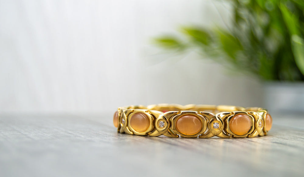 Gold Womens Magnetic Bracelet with Opals and white cyrstals - full view. Fast shipping from Ireland.