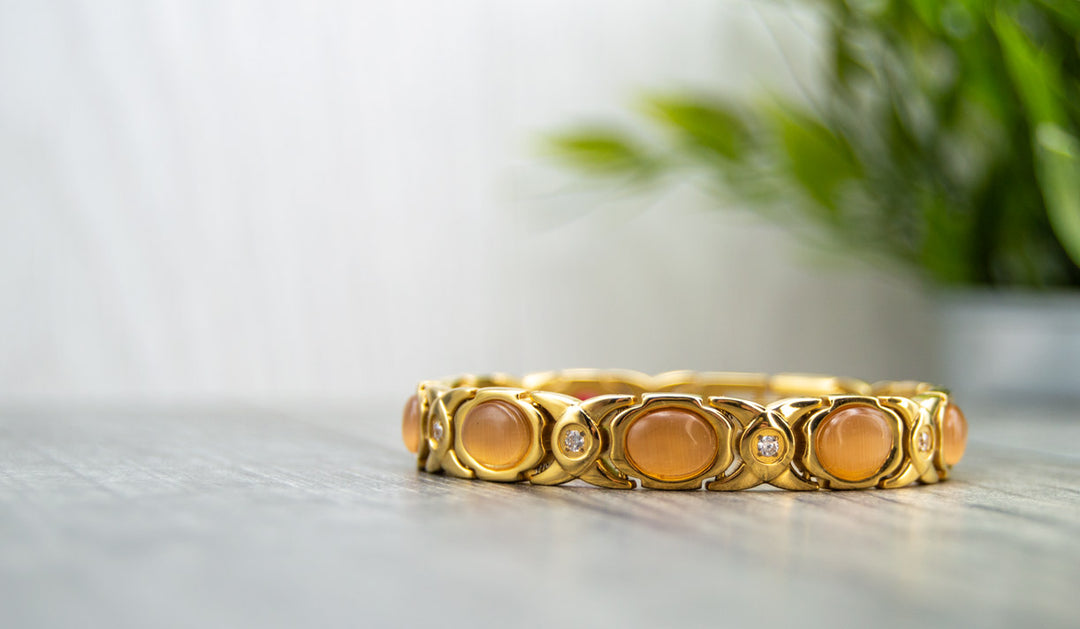 Gold Womens Magnetic Bracelet with Opals and white cyrstals - full view. Fast shipping from Ireland.