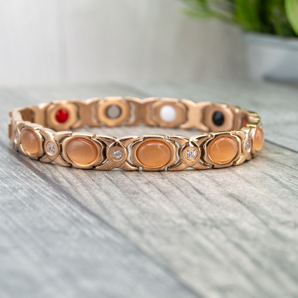 Willow Dusk - Women's Rose gold coloured MAgnetic wellness bracelet with 4 health elements for Arthrits, rheumatism, shoulder pain etc. Rose gold Magnetic bracelet with opals and white crystals from Ireland