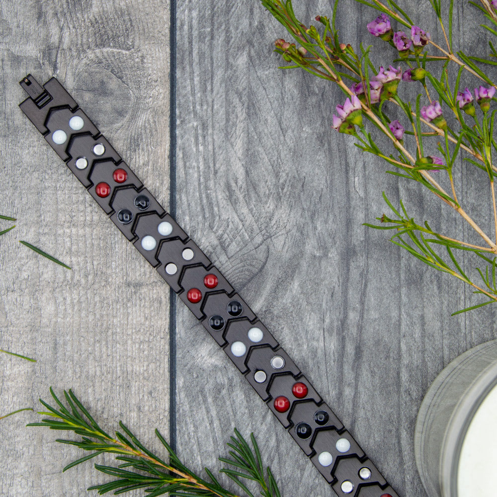 Top-down view of Sage Twilight Magnetic Bracelet’s back, exhibiting the 4in1 elements - Neodymium magnets, Germanium, Negative Ions, and FIR, tailored for arthritis and joint pain relief.