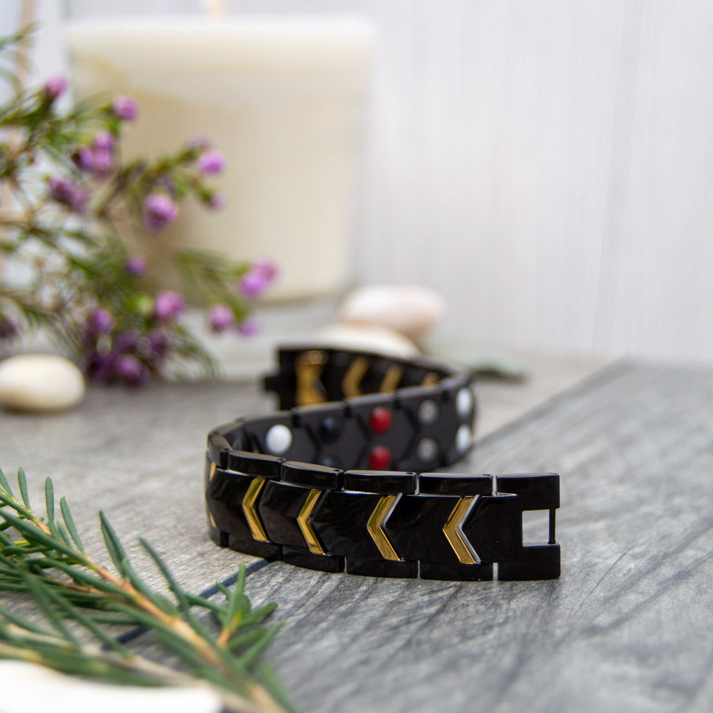 Angled view of Sage Twilight Magnetic Bracelet showcasing chic chevron design and therapeutic 4in1 elements for arthritis support.