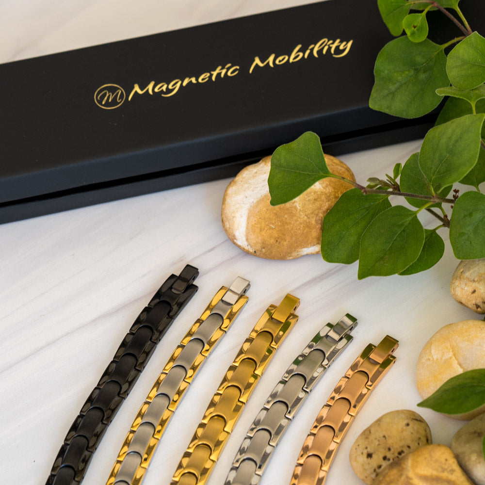 A captivating display of Rowan Collection Magnetic Bracelets, showcasing their stylish designs and wellness benefits for arthritis, migraines, and back pain relief.