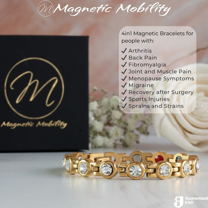 Front view of the Angelica’s Sun 4in1 Magnetic Bracelet from Magnetic Mobility  - golden magnetic bracelet for women with Back pain, migraine, menopause symptoms and more