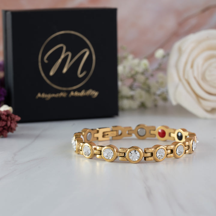 Front view of the Angelica’s Sun 4in1 Magnetic Bracelet from Magnetic Mobility  - golden magnetic bracelet for women with Back pain, migraine, menopause symptoms and more