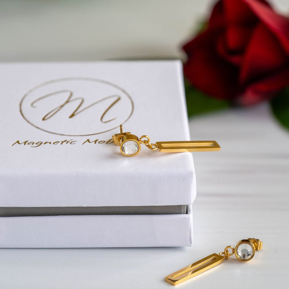Magnetic Drop earrings on Luxury eco friendly gift box. 