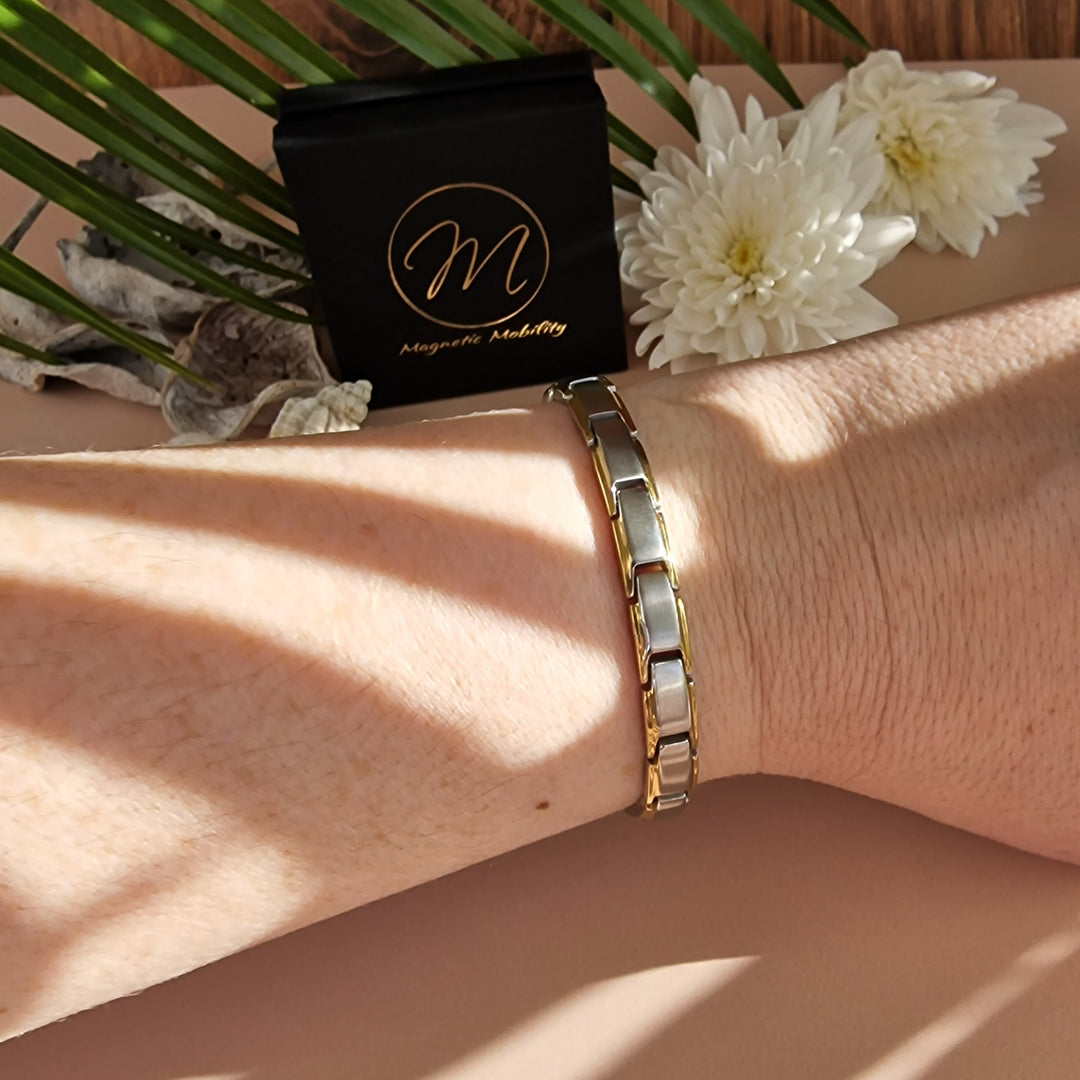 Apia Moon 4in1 Magnetic Bracelet from Magnetic Mobility - Silver and gold magnetic bracelet - on wrist