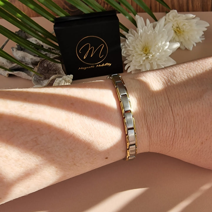 Apia Moon 4in1 Magnetic Bracelet from Magnetic Mobility - Silver and gold magnetic bracelet - on wrist