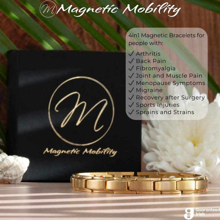 Apia Sun 4in1 Magnetic Bracelet from Magnetic Mobility - a thin gold magnetic bracelet - for people with arthrits, back pain, and more