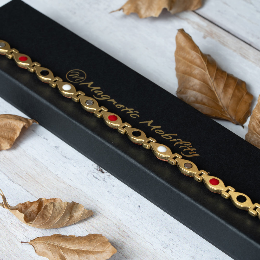 Gold bracelet with red and white stones on a black box with 'Magnetic Mobility' branding, surrounded by dried leaves.