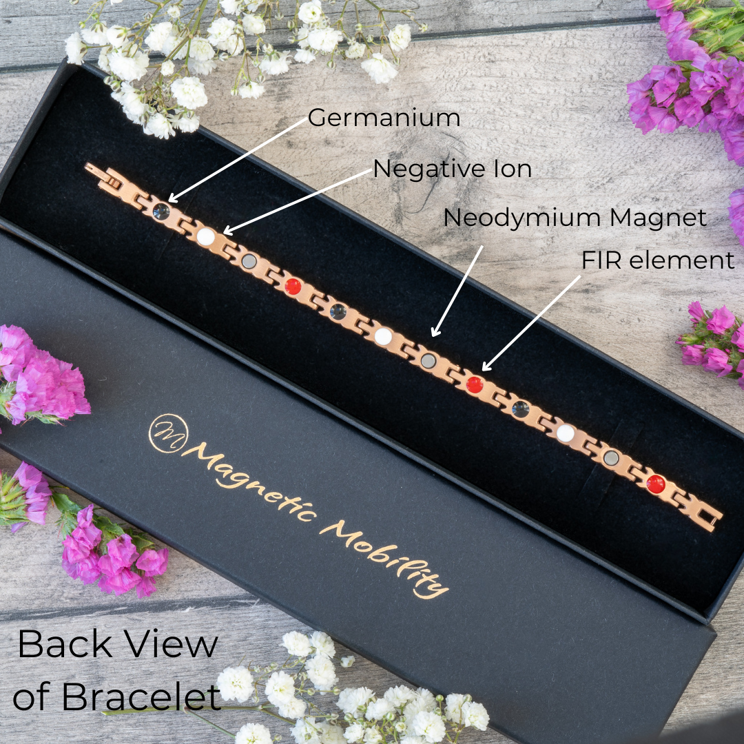 Back view of the Meadowsweet Dawn 4in1 Magnetic Bracelet, showing Neodymium Magnets, Germanium, FIR elements, and Negative Ions for pain relief.