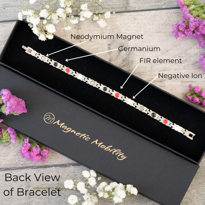 Back view of the Meadowsweet Star 4in1 Magnetic Bracelet, showcasing integrated therapy elements: Neodymium magnets, FIR (Far Infrared) elements, Germanium, and Negative Ions. Ideal for arthritis relief, back pain, and improving joint mobility. Elegant and functional design by Magnetic Mobility.