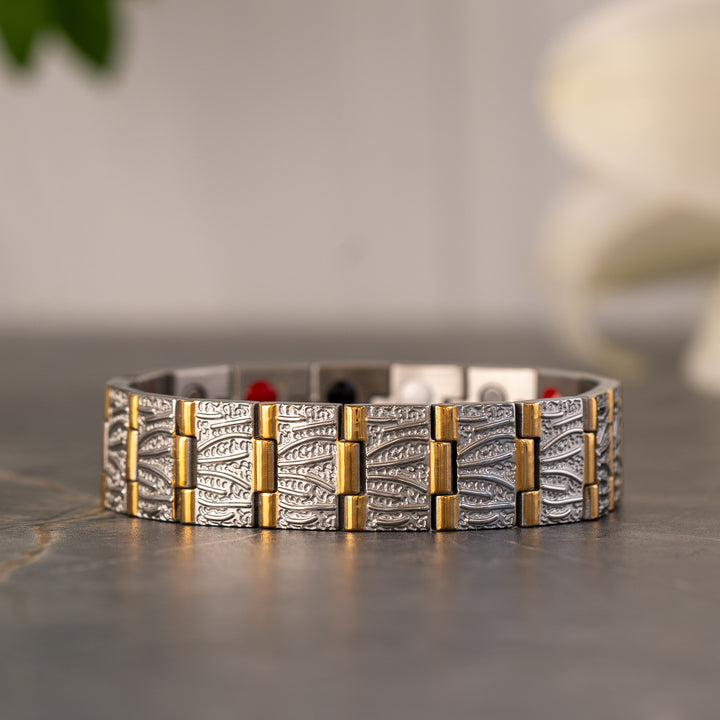 Burnet Moon 4in1 Double Strength Magnetic Bracelet displayed with gold and silver accents, showcasing detailed craftsmanship, perfect for arthritis and back pain relief. Magnetic Mobility