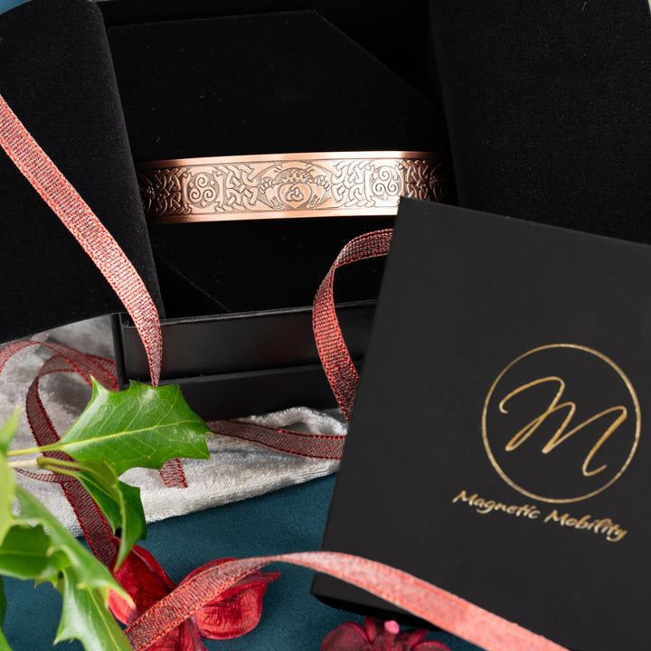 Claddagh design Copper Magnetic Bracelet in a Eco-friendly gift box with Christmas Decorations