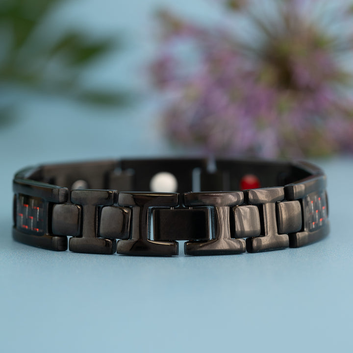 Clasp view of Fire 4in1 Magnetic Bracelet from Magnetic Mobility - Mens Black Magnetic bracelet with Red designs