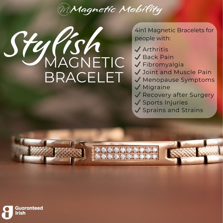 Honesty Dawn - 4in1 Magnetic bracelet with a centerpiece, adorned with two rows of shimmering Swarovski crystals. By Magnetic Mobility. Close up view with text saying 4in1 Magnetic bracelets for people with arthritis, back pain, fibromyalgia, joint and muscle pain, menopause symptoms, migraine, recovery after surgery, sports injuries, sprains and strains