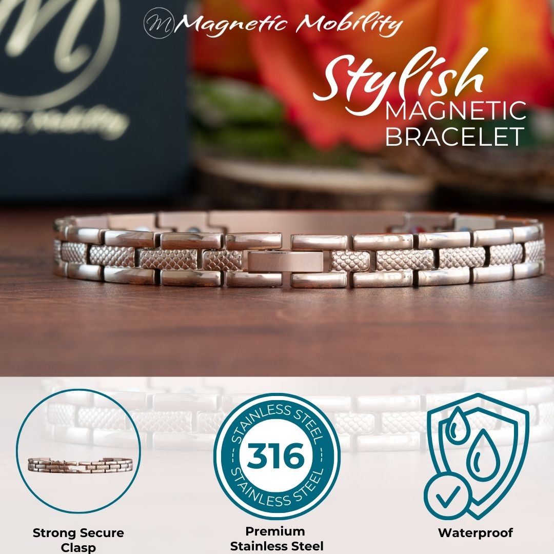 Honesty Dawn - 4in1 Magnetic bracelet with a centerpiece, adorned with two rows of shimmering Swarovski crystals. By Magnetic Mobility. Image shows the clasp on the bracelet and logos of premium stainless steel and waterproof