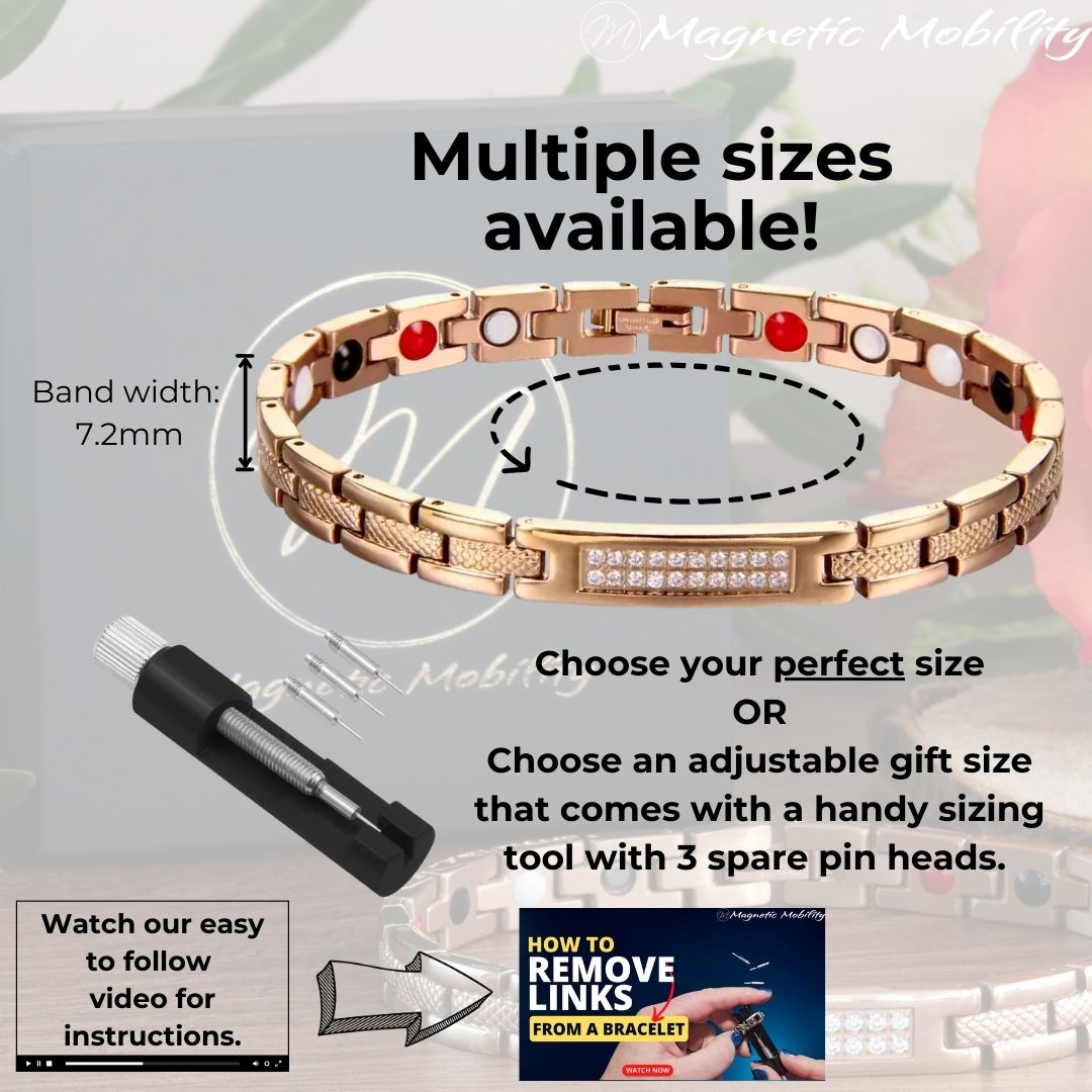 Honesty Dawn - 4in1 Magnetic bracelet with a centerpiece, adorned with two rows of shimmering Swarovski crystals. By Magnetic Mobility. Image shows outline of the bracelet with sizes and a tool used for adjusting the bracelet